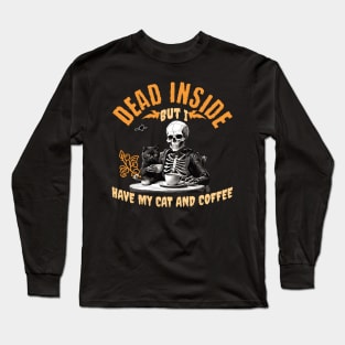 Halloween skeleton drinking coffee with a cat Long Sleeve T-Shirt